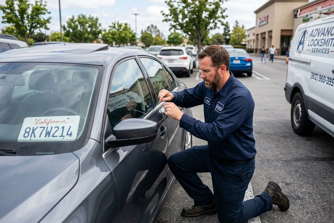 Car locksmith using non-destructive entry tool on sedan door lock
