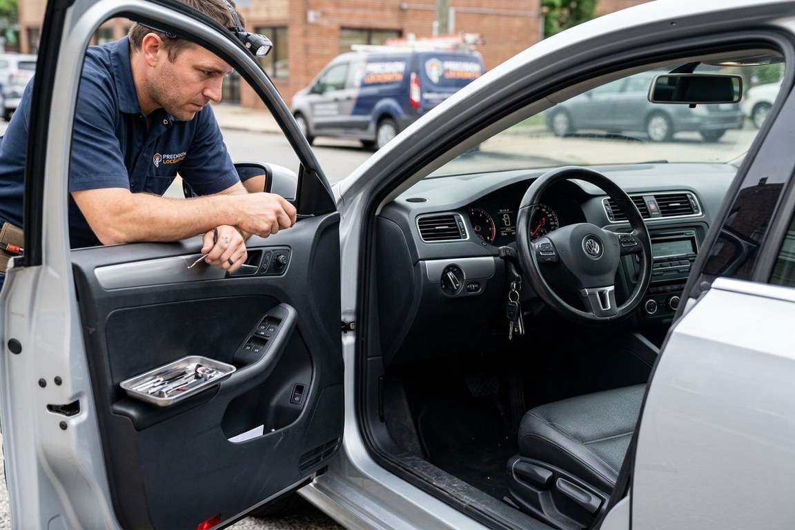 Automotive locksmith repairing worn ignition cylinder on vehicle dashboard