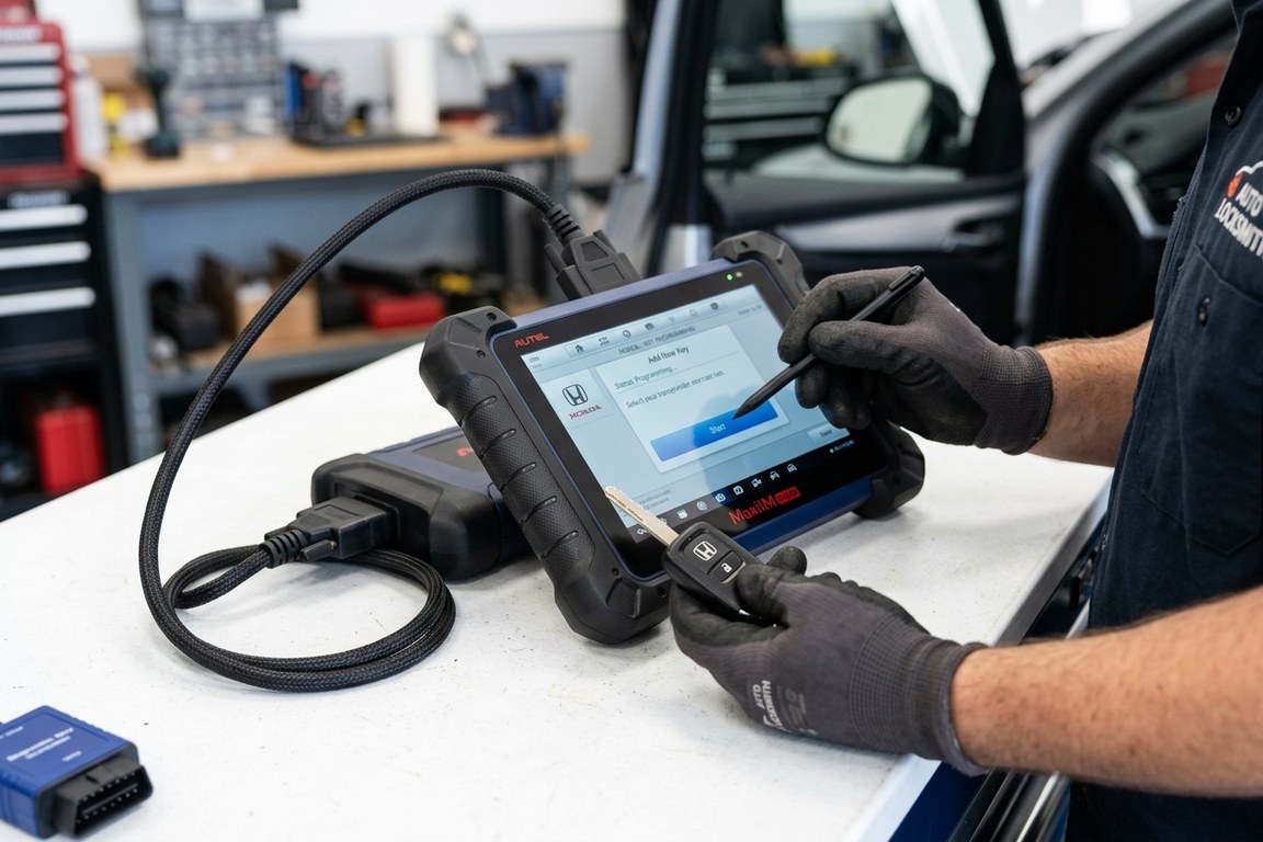 OBD transponder key programmer connected to car dashboard port
